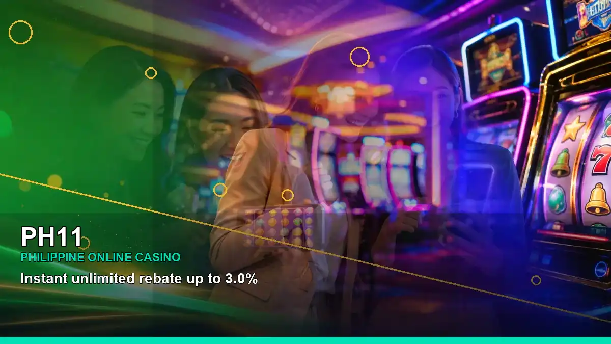 PH11 Philippine casino guide featuring panoramic gold jackpot reels and an adult Philippine casino host