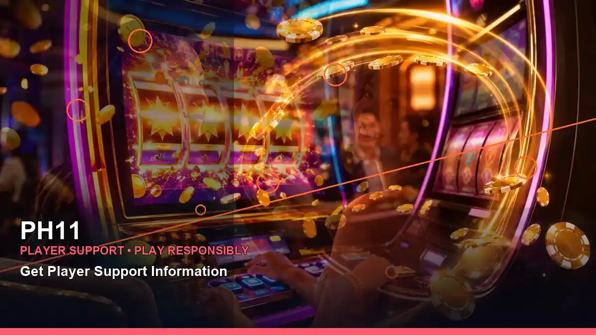 PH11 casino bonus game artwork featuring an adult Filipina casino host in a left-diagonal composition