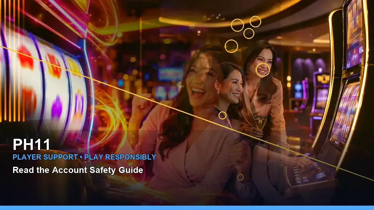 PH11 virtual casino scene for Philippine players with digital reels, game tables and responsible play information